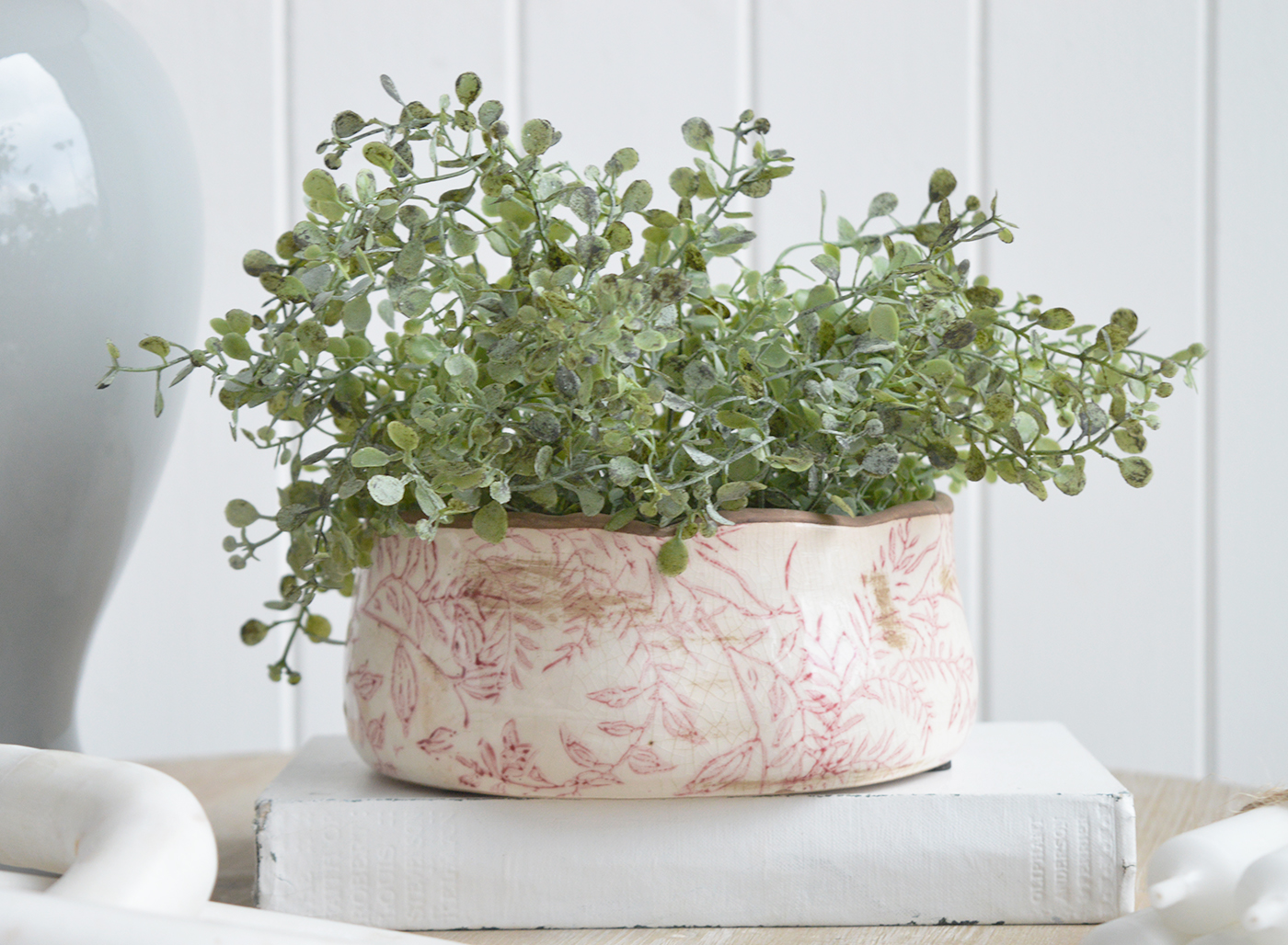 The Tolland vintage ceramic plant pot filled with our faux Eucalyptus Gunnii