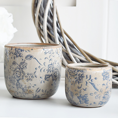 Buttonwood navy and French Grey ceramic pots available in 2 sizes from The White Lighthouse Furniture and Home Interiors for New England, country, coastal and city homes for hallway, living room, bedroom and bathroom