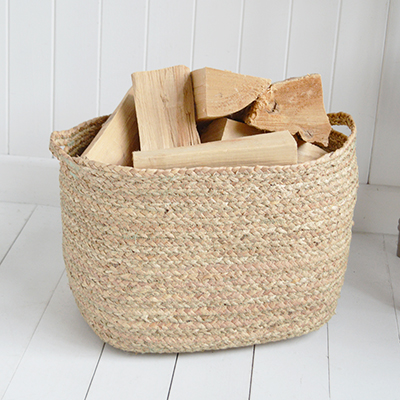With its softly rounded shape, woven texture and neutral tones, the Princeton log basket keeps firewood neatly stored while adding warmth to New England and modern-country interiors.