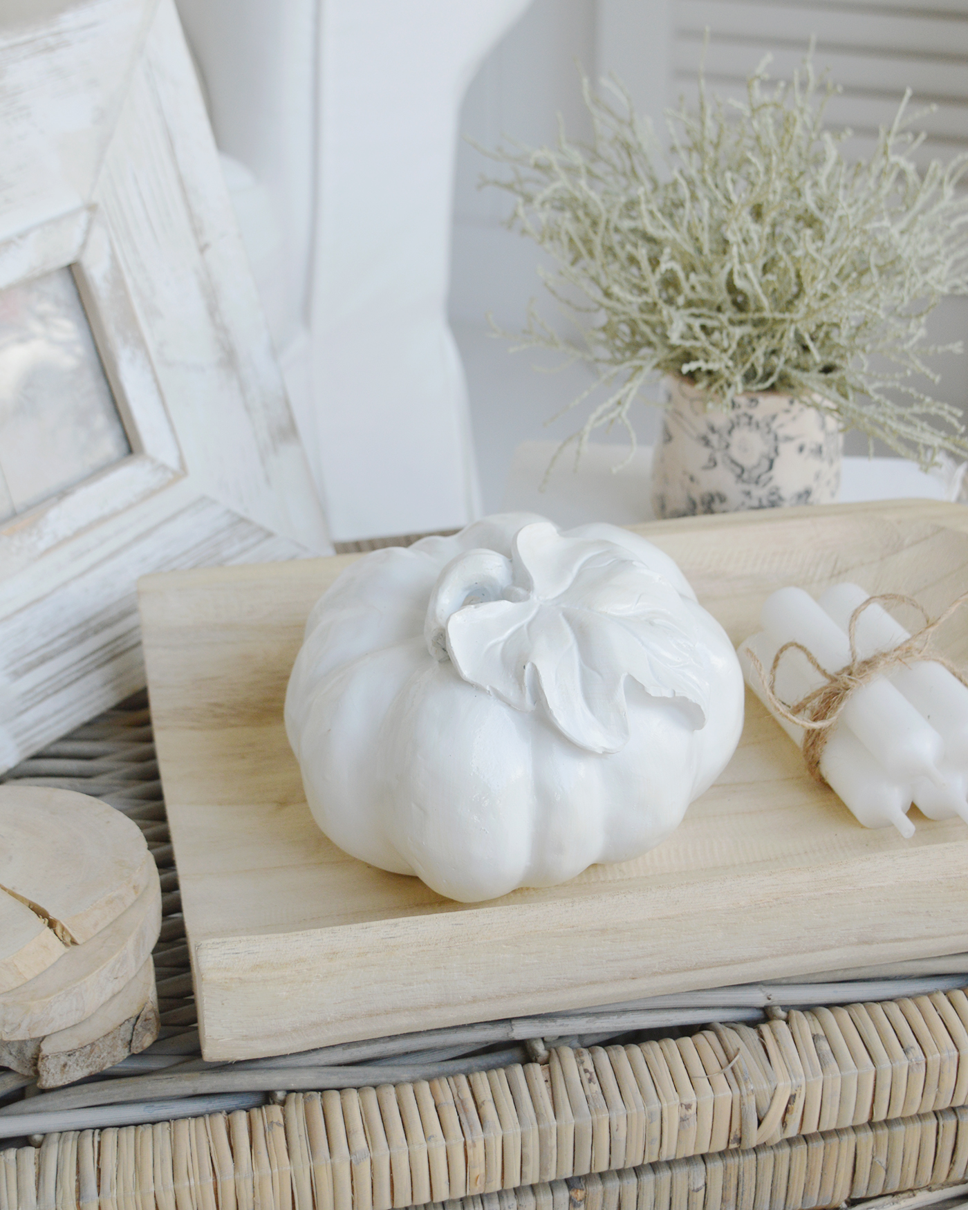 White pumpkin halloween decor for New England style interiors