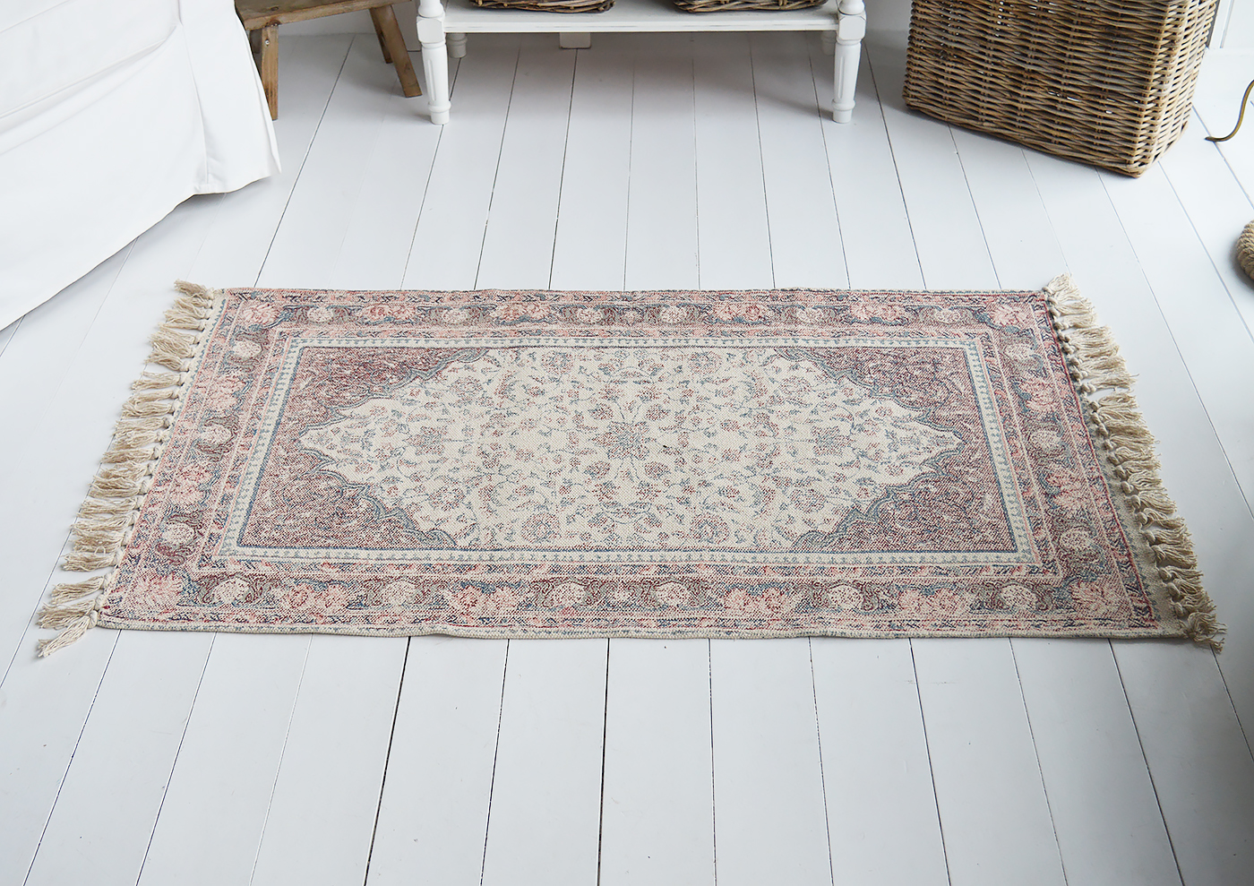 Hamptons Floor mat rug in shades of blues and pinks on a linen background to complement our country, farmhouse and Coastal furniture in New England styled homes and interiors