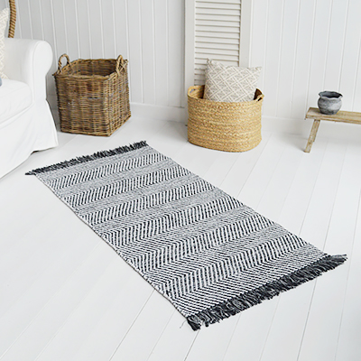 Duxbury Black Herringbone Floor Rug for New England homes and Interiors. Coastal and country furniture and home accessories