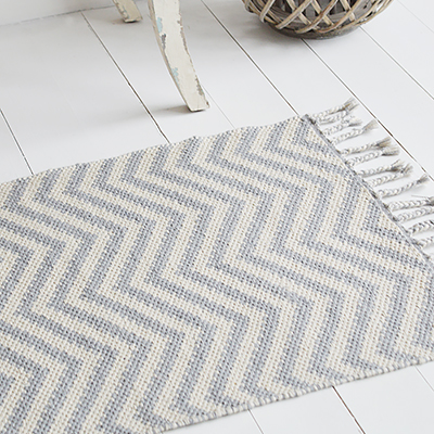 Our chunky Duxbury floor rug in grey and off white herringbone for thick gorgeous floor coverings on carpets and hard floors alike. Perfect for creating beautiful rooms as well as protecting hard wearing places in your home.Just made for our New England styled interiors for coastal, city and country homes in a simple but gorgeous style