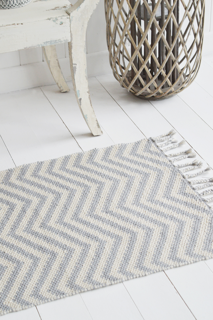 Our chunky Duxbury floor rug in grey and off white herringbone for thick gorgeous floor coverings on carpets and hard floors alike. Perfect for creating beautiful rooms as well as protecting hard wearing places in your home.Just made for our New England styled interiors for coastal, city and country homes in a simple but gorgeous style