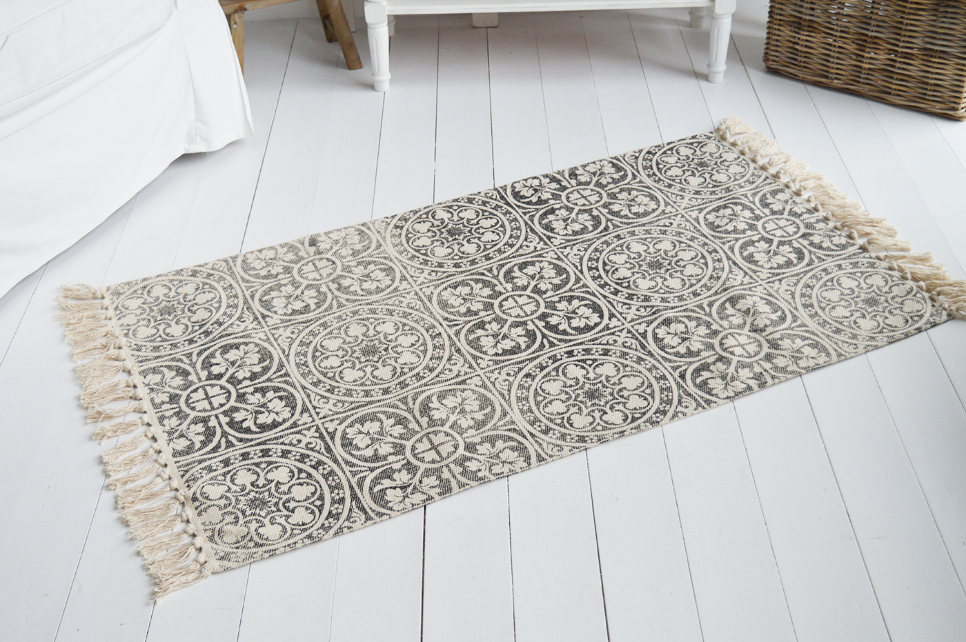 Hamptons rug in bold grey tapestry design on a linen background for New England country, coastal and modern farmhouse interiors to complement furniture from The White Lighthouse