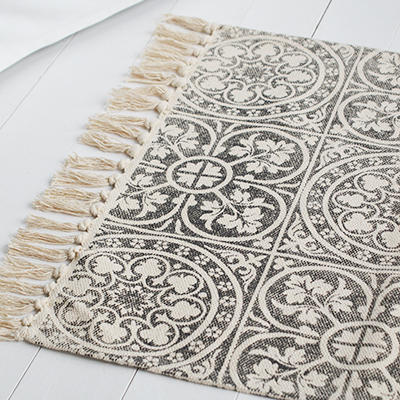 Hamptons rug in bold grey tapestry design on a linen background for New England country, coastal and modern farmhouse interiors to complement furniture from The White Lighthouse