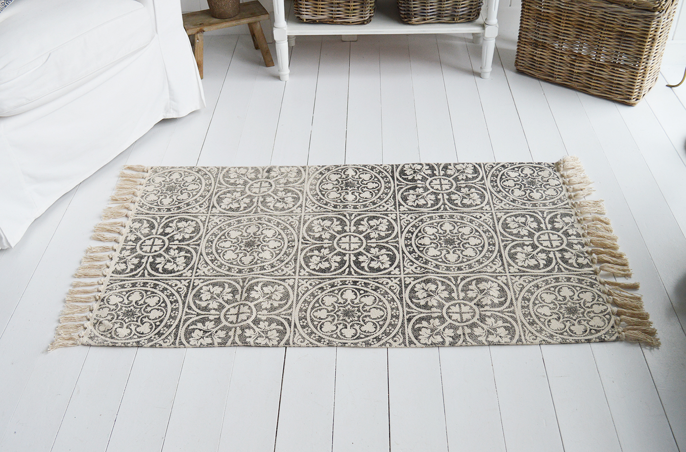 Hamptons rug in bold grey tapestry design on a linen background for New England country, coastal and modern farmhouse interiors to complement furniture from The White Lighthouse