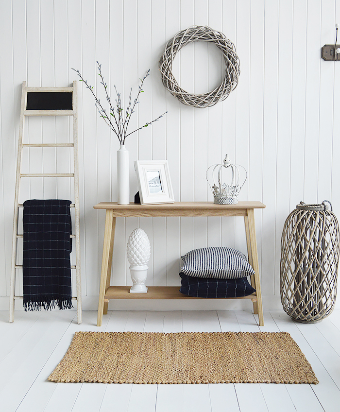 The natural contrasting striped in the woven runner make it a striking and hard wearing addition to your home.. Just perfect for our New England styled interiors for coastal, city and country homes in a simple but gorgeous style. Bridgewater Runner  in a hallwat interior
