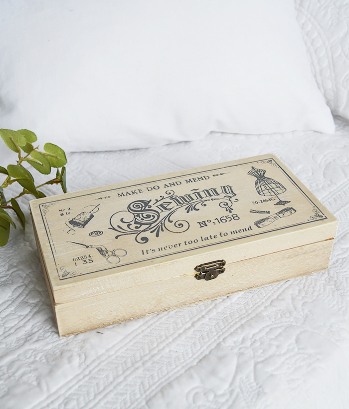 A decorative wooden sewing box in a vintage distressed style to perfectly complement both New England country and coastal interiors from The White Lighthouse