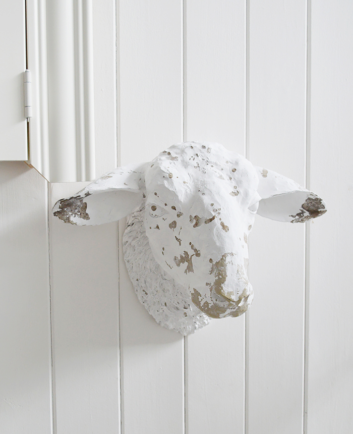 Decorative White Sheep Head Wall Decor designed to perfectly complement our New England Coastal and Country home interiors with our bedroom, living room anf hallway white furniture from The White Lighthouse