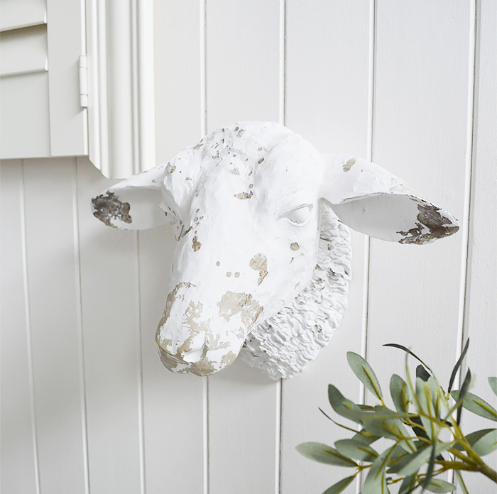 Decorative White Sheep Head Wall Decor designed to perfectly complement our New England Coastal and Country home interiors with our bedroom, living room anf hallway white furniture