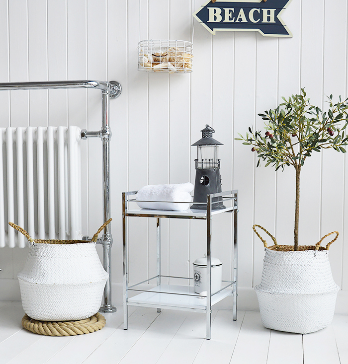 White and Silver bathroom shelves