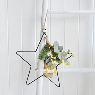 LED Light up star with Eucalyptus for New England country and coastal Home Interiors and Furniture