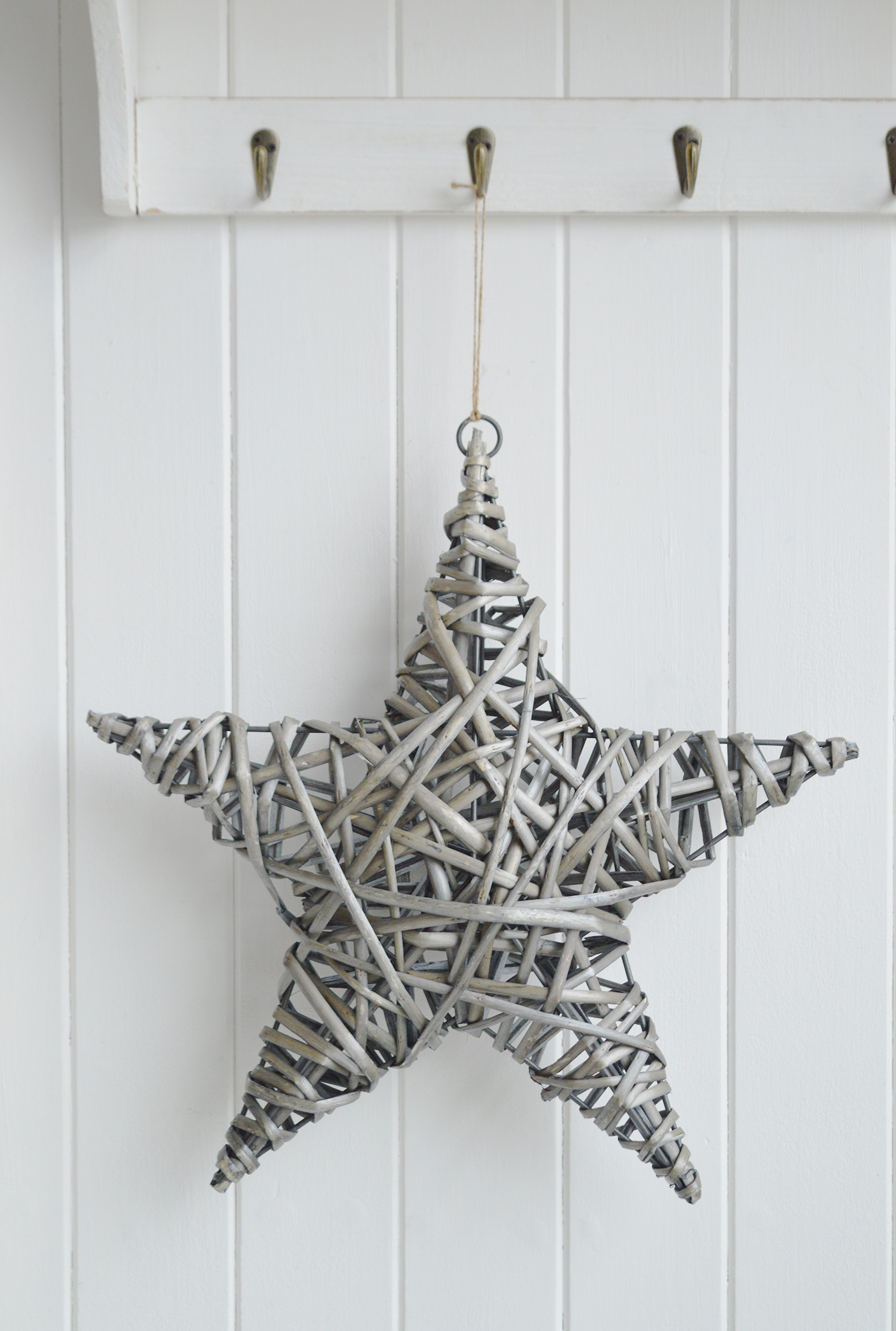 White, New England and Coastal Furniture and accessories for the hallway, living room, bedroom and bathroom. A chunky grey hanging star for coastal, country and farmhouse home decor and interiors