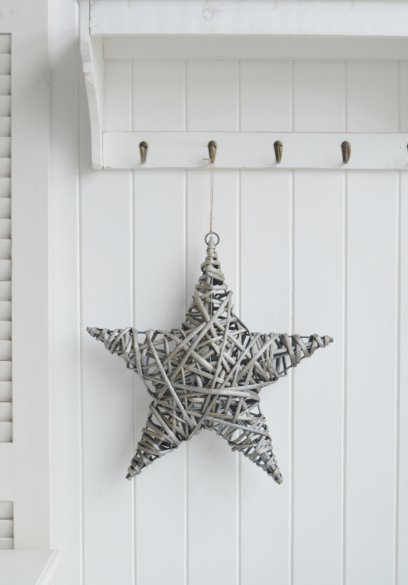 White, New England and Coastal Furniture and accessories for the hallway, living room, bedroom and bathroom. A chunky grey hanging star for coastal, country and farmhouse home decor and interiors