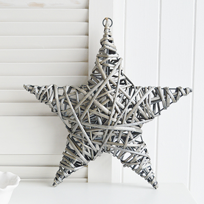 White, New England and Coastal Furniture and accessories for the hallway, living room, bedroom and bathroom. A chunky grey hanging star for coastal, country and farmhouse home decor and interiors
