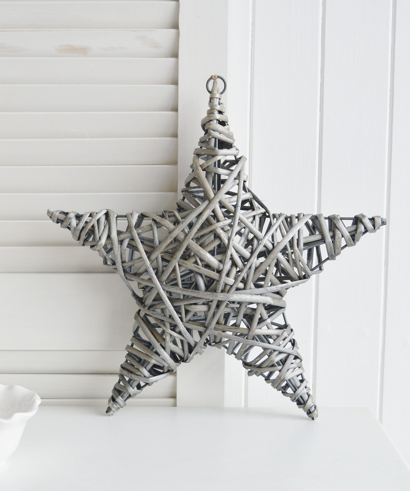 White, New England and Coastal Furniture and accessories for the hallway, living room, bedroom and bathroom. A chunky grey hanging star for coastal, country and farmhouse home decor and interiors