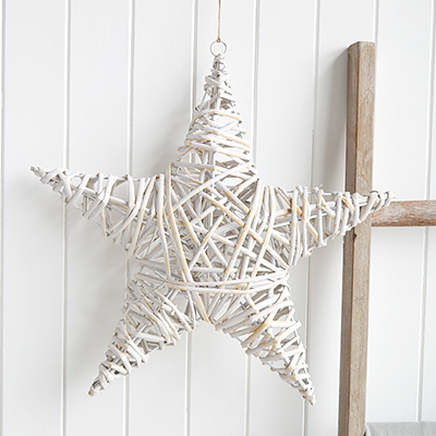 White, New England and Coastal Furniture and accessories for the hallway, living room, bedroom and bathroom. A chunky white hanging star for coastal, country and farmhouse home decor and interiors