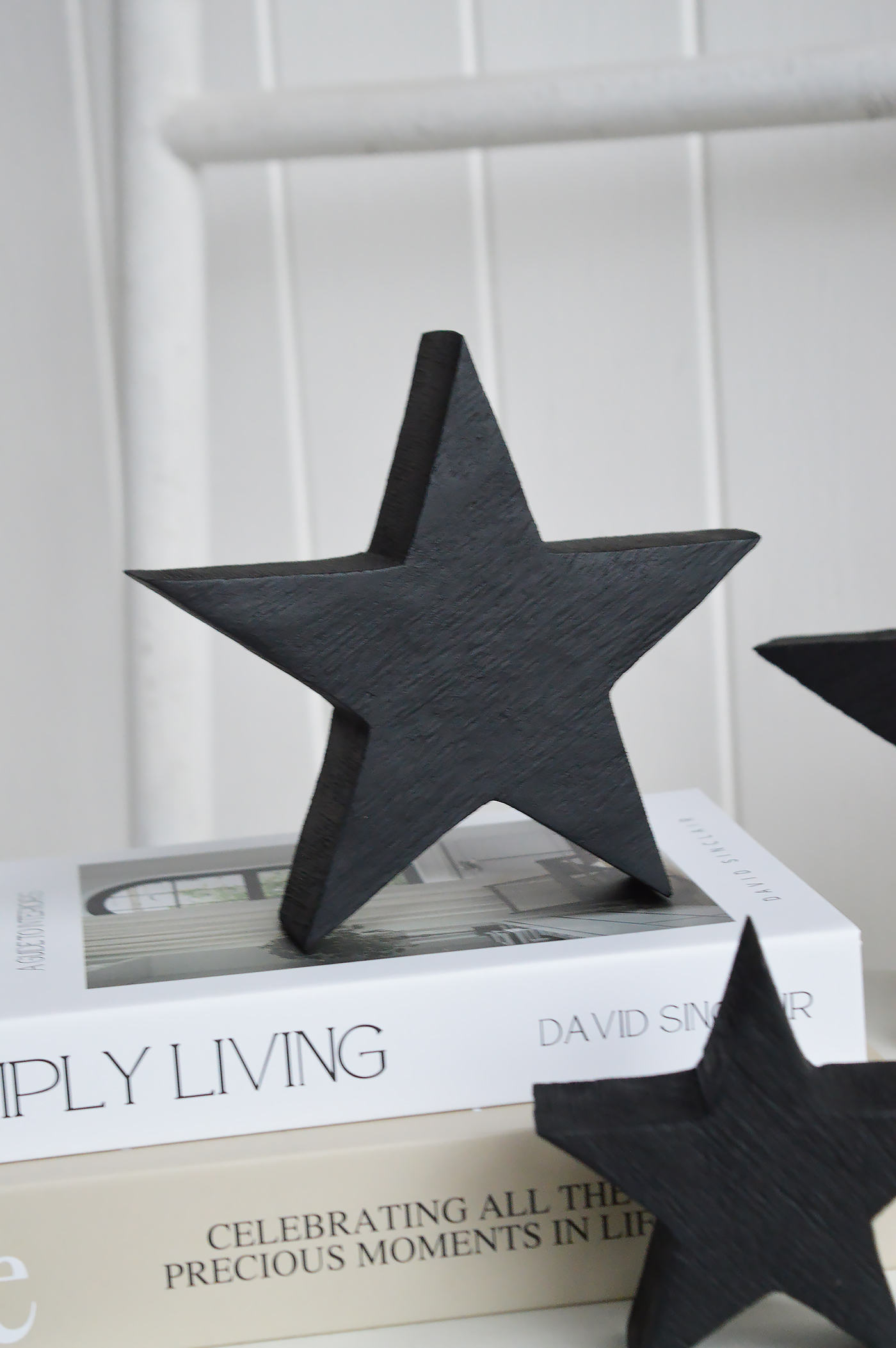 These wooden black stars add striking contrast to soft neutral coastal interiors and white shiplap spaces.