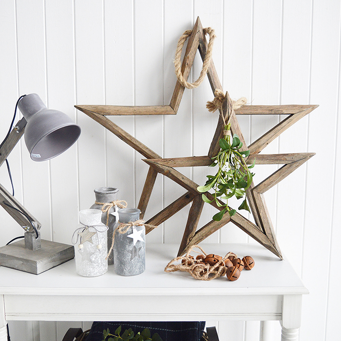 Set of 2 large chunky wooden stars for rustic ski chalet decor in New England style interiors