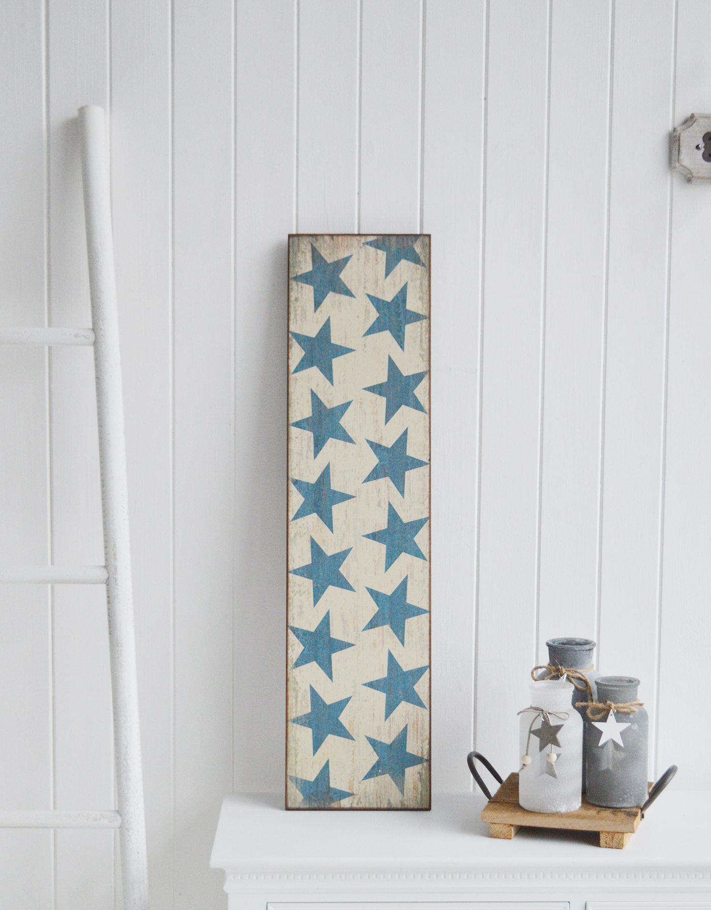 Large narrow sign with stars in blues and white for a traditional New England look from The White Lighthouse Furniture