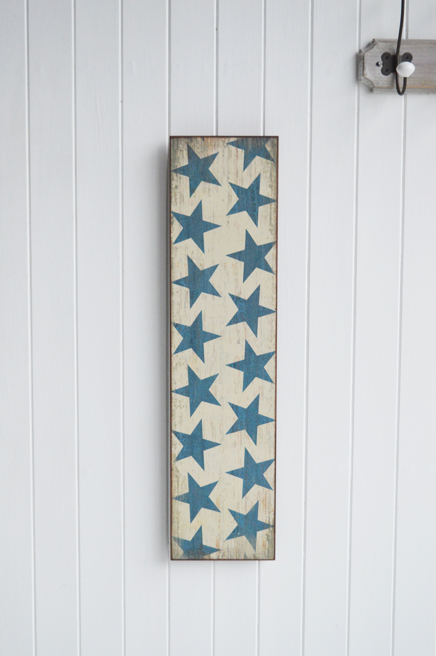 Large narrow sign with stars in blues and white for a traditional New England look from The White Lighthouse Furniture