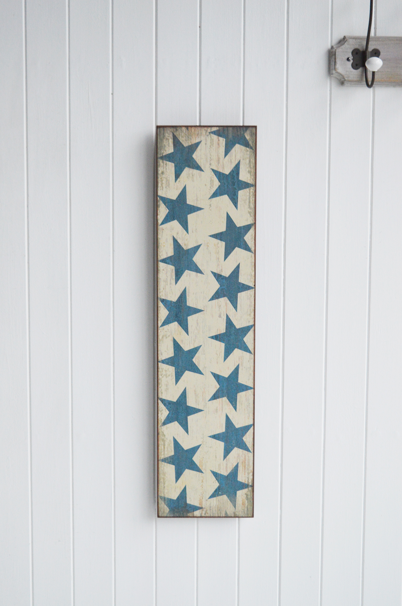 Large narrow sign with stars in blues and white for a traditional New England look from The White Lighthouse Furniture