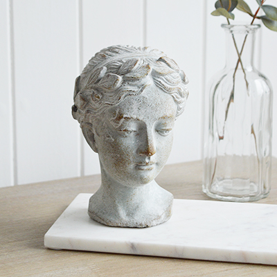 Statue of lady head- White Furniture and home decor accessories for New England style homes for country, city, farmhouse and coastal from The White Lighthouse