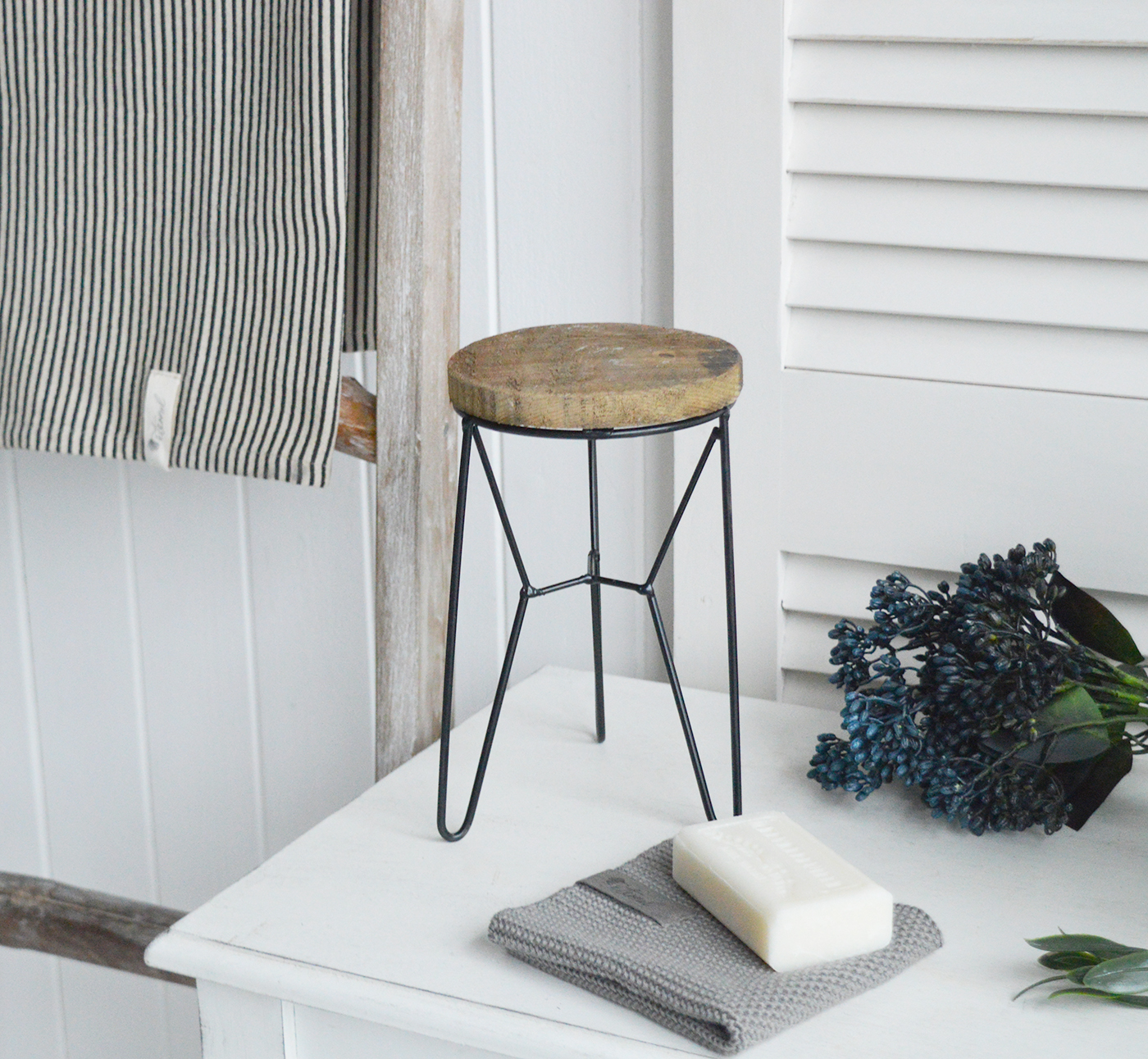 Peabody iron and rustic wooden decorative stool. Ideal for the living room or bathroom as a small side table or plant table in a New England styled home by the sea or in the country