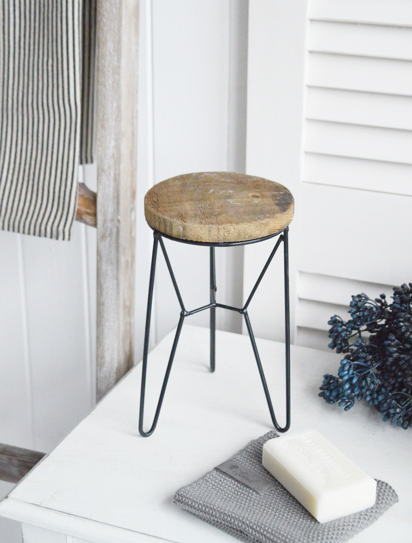 Peabody iron and rustic wooden decorative stool. Ideal for the living room or bathroom as a small side table or plant table in a New England styled home by the sea or in the country