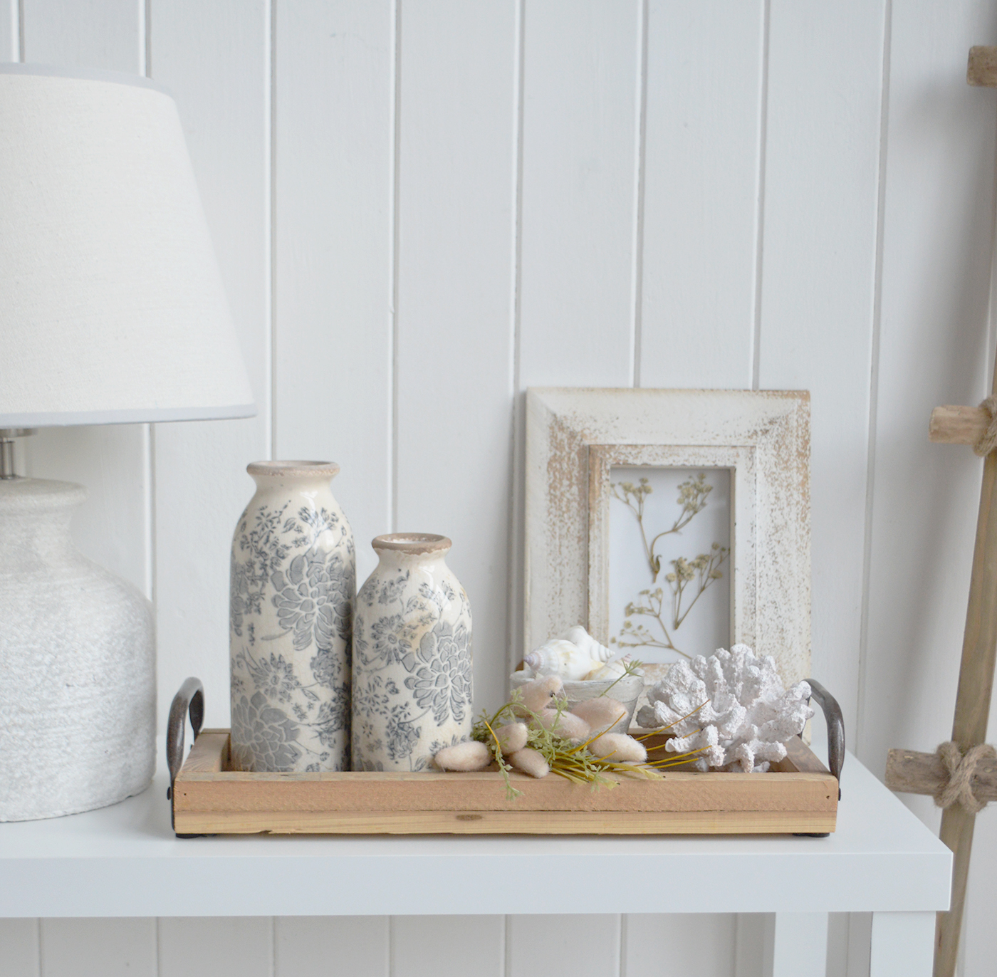 The Coastal Meadow Styling Bundle combines floral ceramics and seaside accessories for a coordinated coastal cottage display.