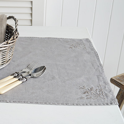 Linen table tunners in grey and white for New England White Interiors for coastal, country and modern farmhouse home interiors from The White Lighthouse - White Platter Plate