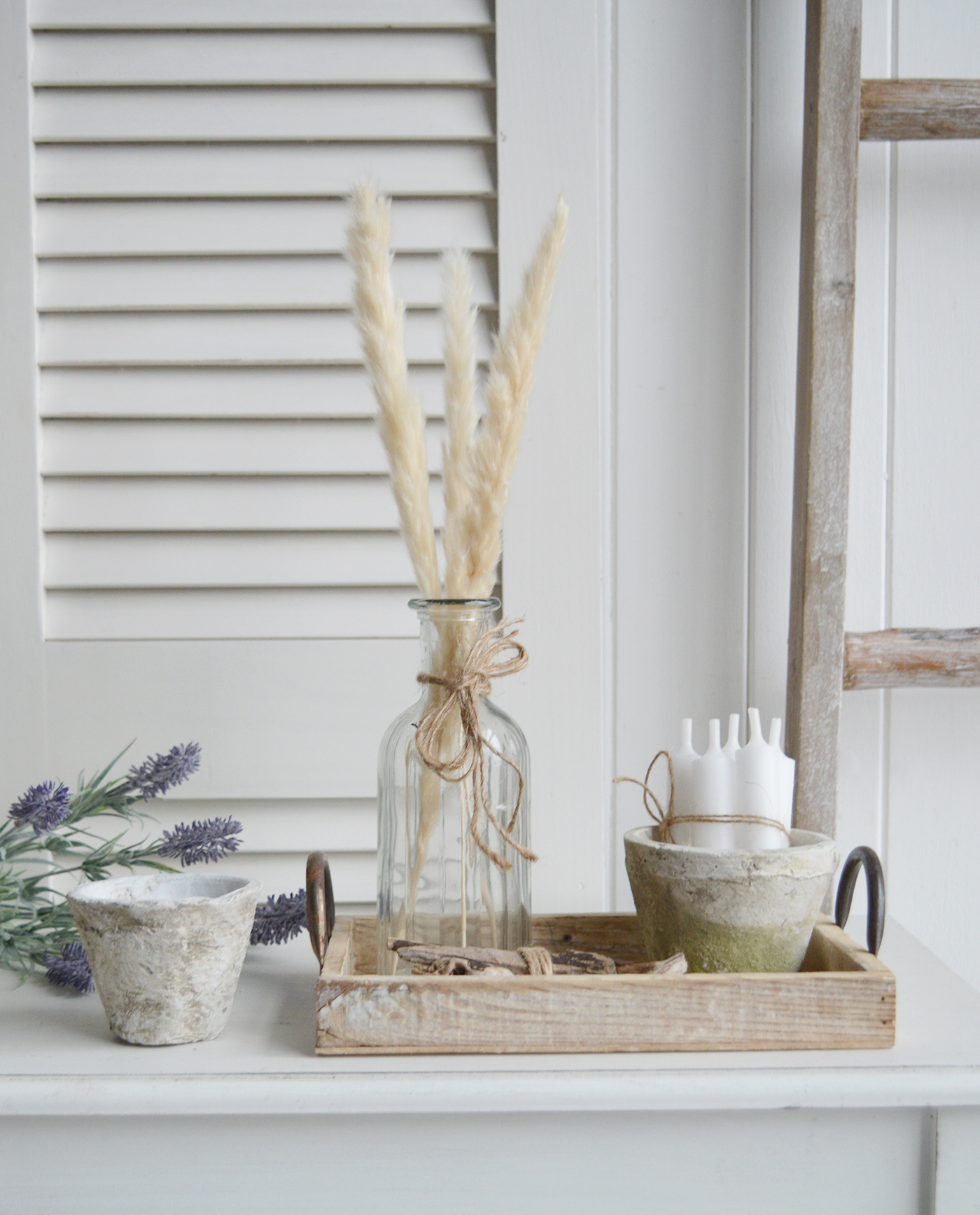 White antiqued-terracotta pots for rustic styling to your New England country home