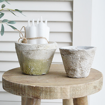 White antiqued terracotta pots for rustic styling to your coastal and country New England home