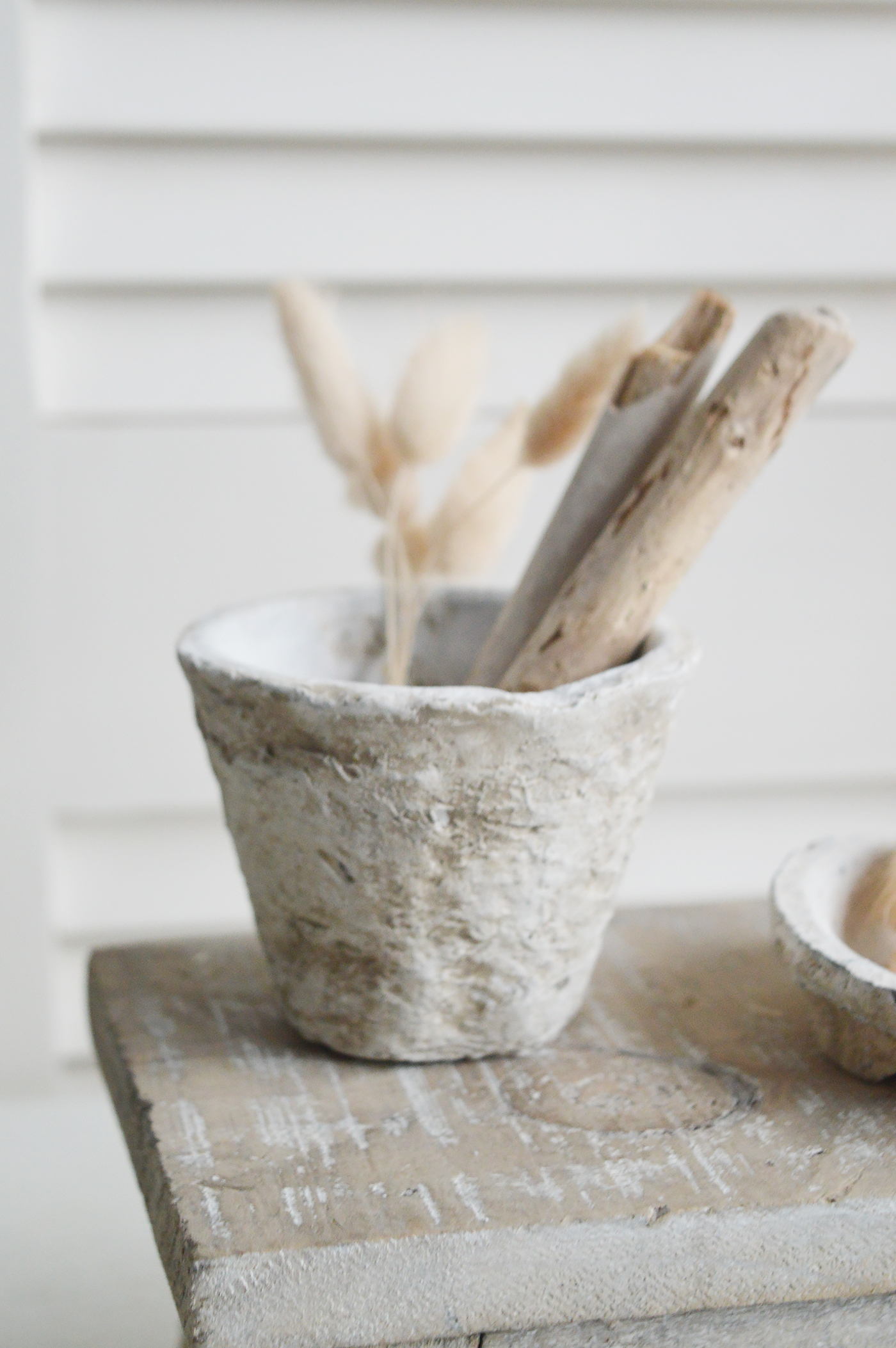White antiqued terracotta pots for rustic styling to your New England home