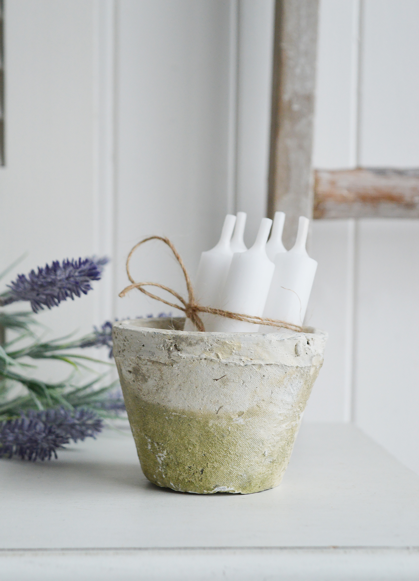 White antiqued-terracotta pots for rustic styling to your New England Coastal home