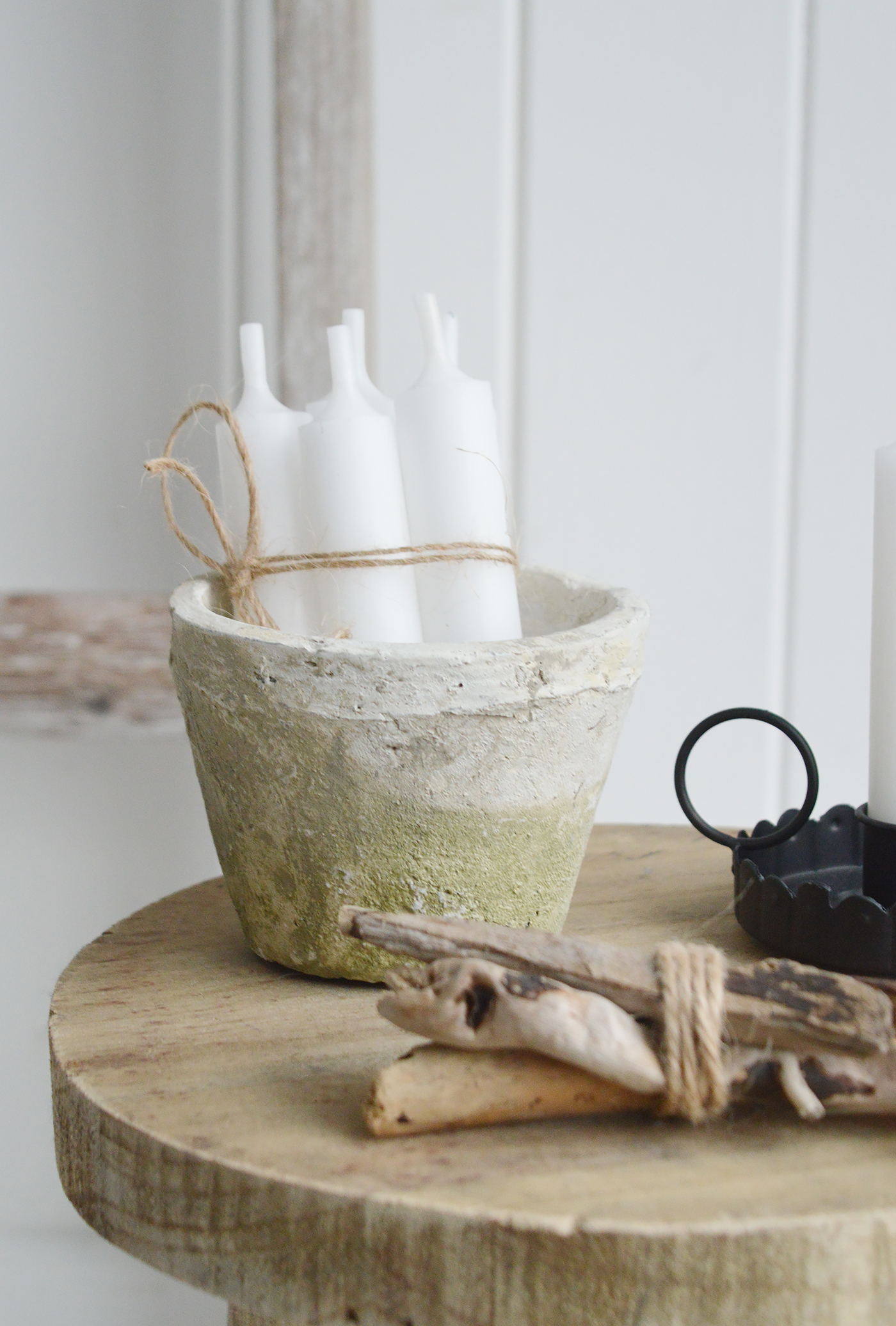 White antiqued-terracotta pots for rustic styling to your New England farmhouse home