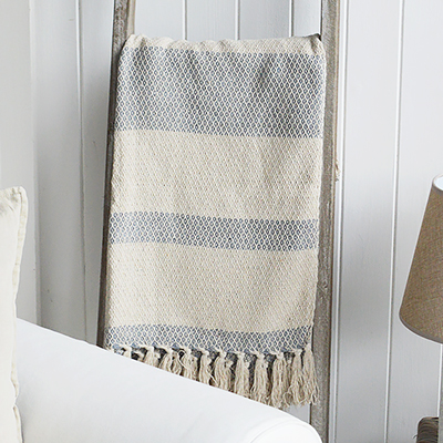 Stowe throws in blues, greys and natural coloures  for interiors in New England styles modern farmhouse, country, coastal and city homes from The White Lighthouse. Furniture and home interiors UK - Pale Grey Herringbone and calico  Throw