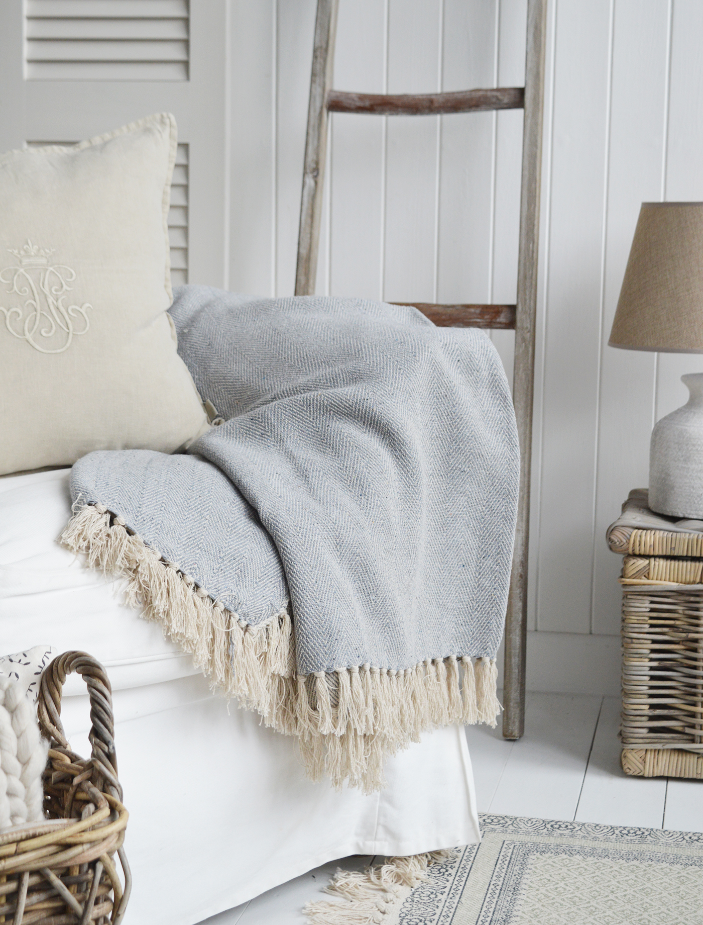 Grey Herringbone throw from the Stowe range. New England modern farmhouse, country and coastal interiors