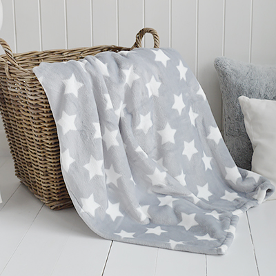 Grey  and white cosy stars throws from The White Lighthouse Furniture and Interiors for the Hallway, living room, bedroom and bathroom in New England styles country, coastal and city homes