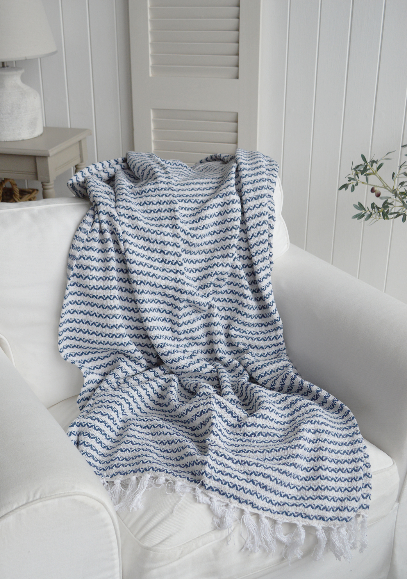 Hadley Throw Blanket in linen, blue and white - New England, coastal and farmhouse style furniture and interiors
