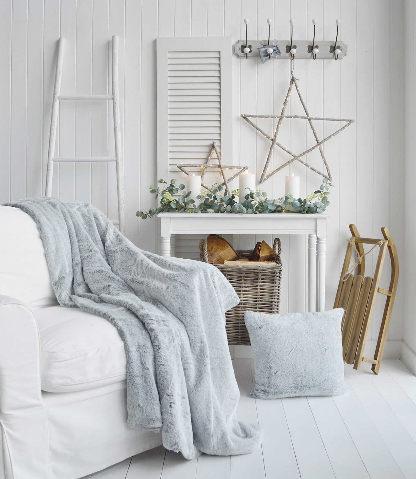 Jackson light grey faux fur cushion cover and throw - The White Lighthouse New England Interiors. Coastal, country and modern farmhouse