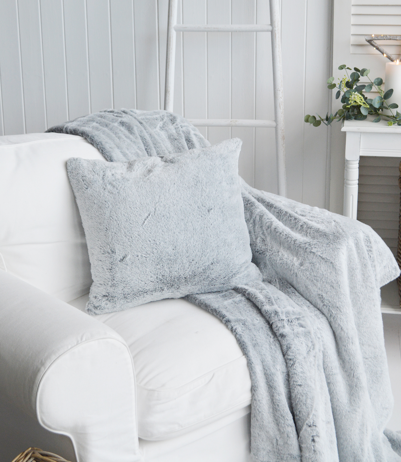 Jackson light grey faux fur cushion cover and throw - The White Lighthouse New England Interiors. Coastal, country and modern farmhouse