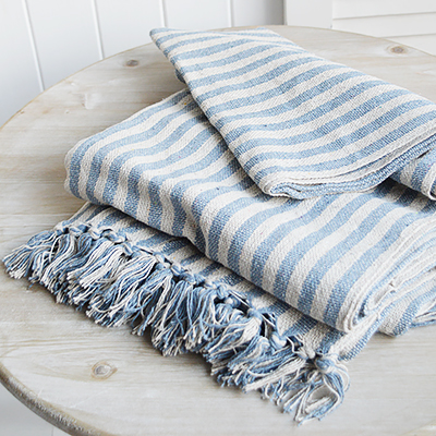 Coastal, country and modern farmhouse interiors and furniture. Navy Blue Mapleton Stripe throws for cosy homes and interiors