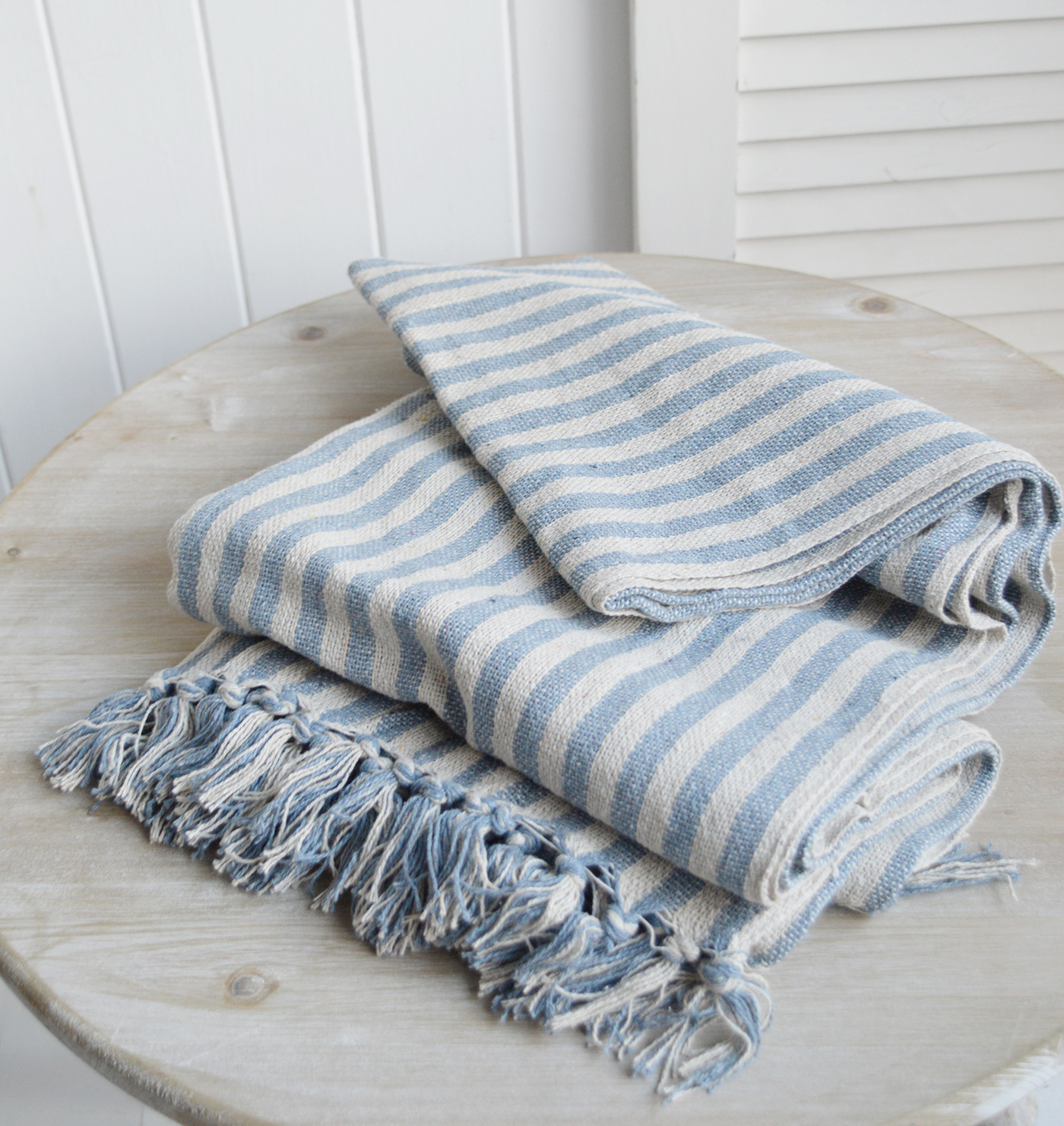 Coastal, country and modern farmhouse interiors and furniture. Navy Blue Mapleton Stripe throws for cosy homes and interiors
