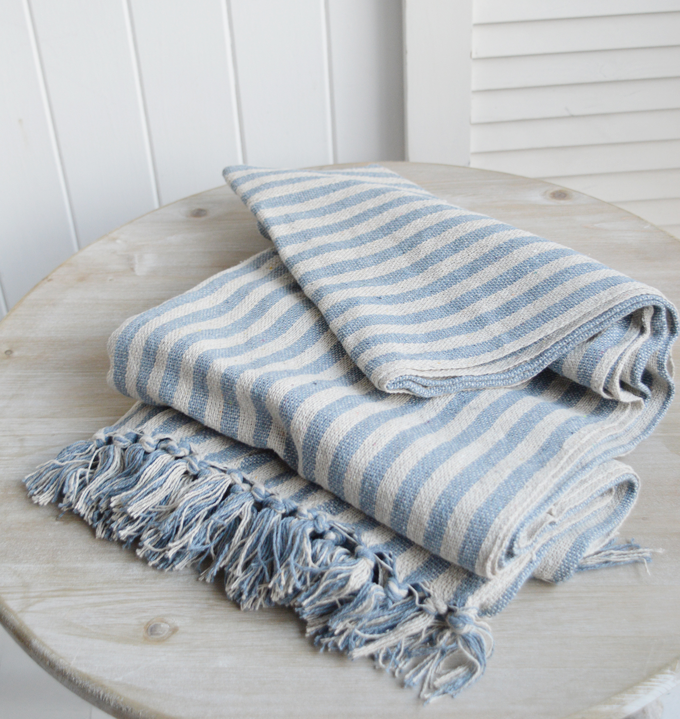 Navy Blue Mapleton Stripe throws New England style coastal furniture and interiors