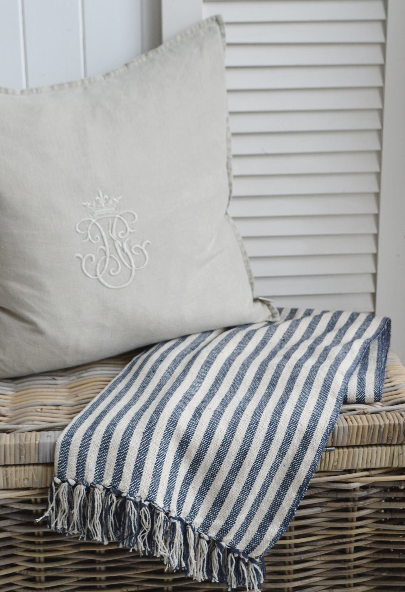 Navy blue stripe throw for coastal living room and interiors