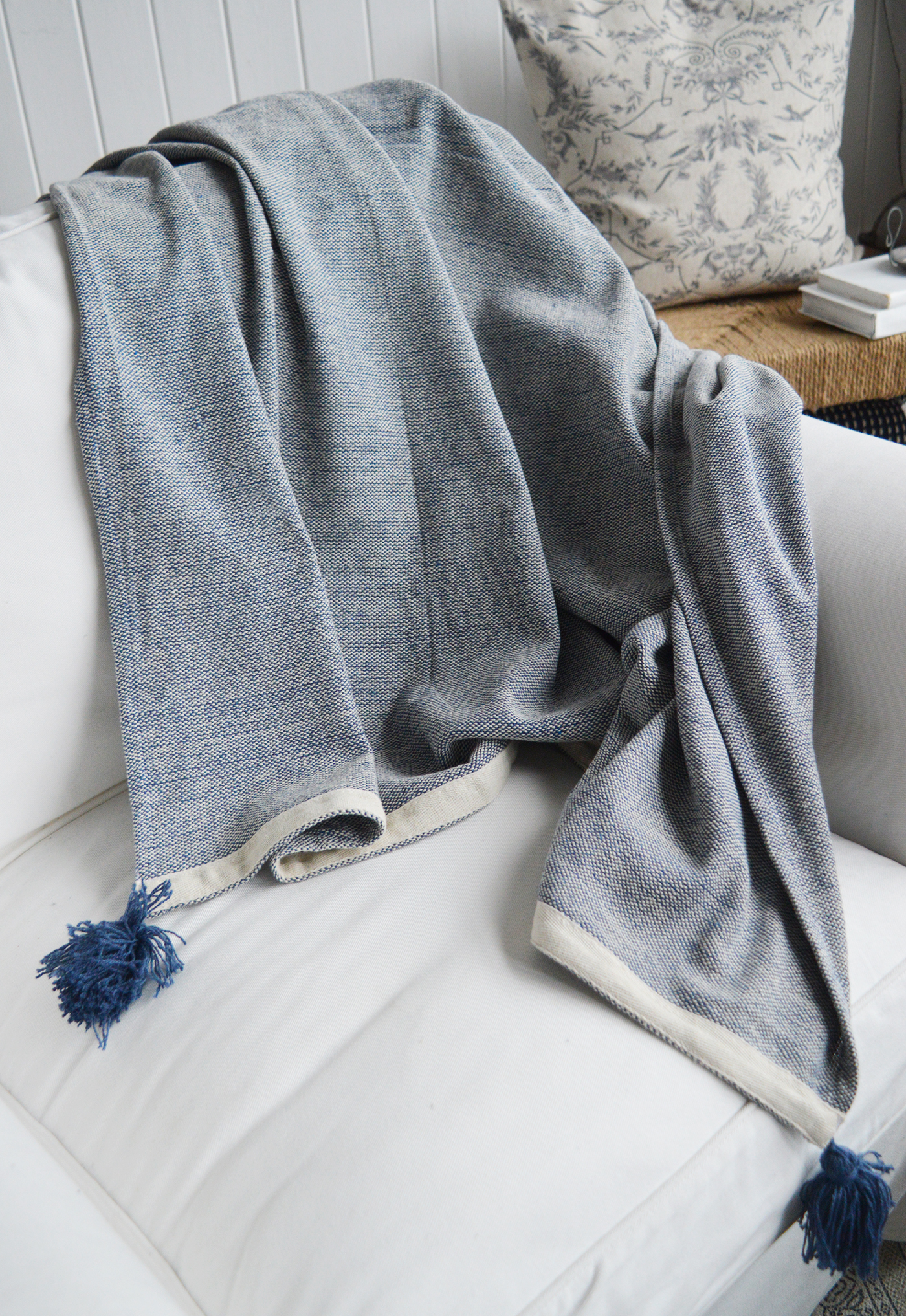 New England Style White Furniture and accessories for the home. Coastal, country and modern farmhouse interiors and furniture. Seabrook blue with Pom Pom throw and blankets