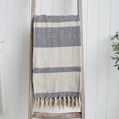 Stowe throws in blues, greys and natural coloures  for interiors in New England styles modern farmhouse, country, coastal and city homes from The White Lighthouse. Furniture and home interiors UK - Navy and Herringbone Throw