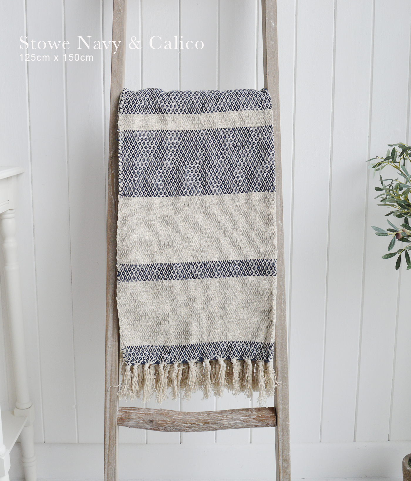 Stowe throws in blues, greys and natural coloures  for interiors in New England styles modern farmhouse, country, coastal and city home